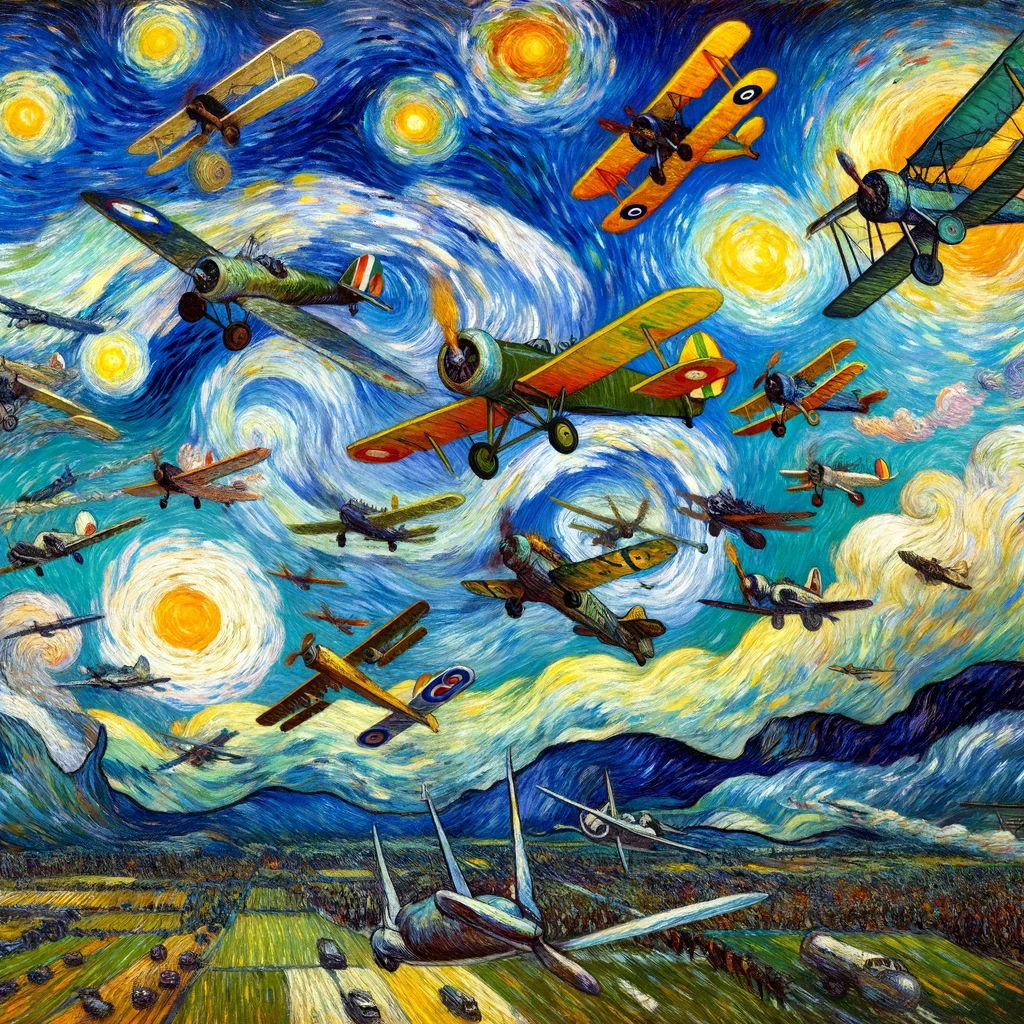 DALL·E 2024-01-12 03.20.49 - A Van Gogh-style painting depicting various planes flying across a dynamic, expressive sky. The scene shows a range of different airplanes, from early